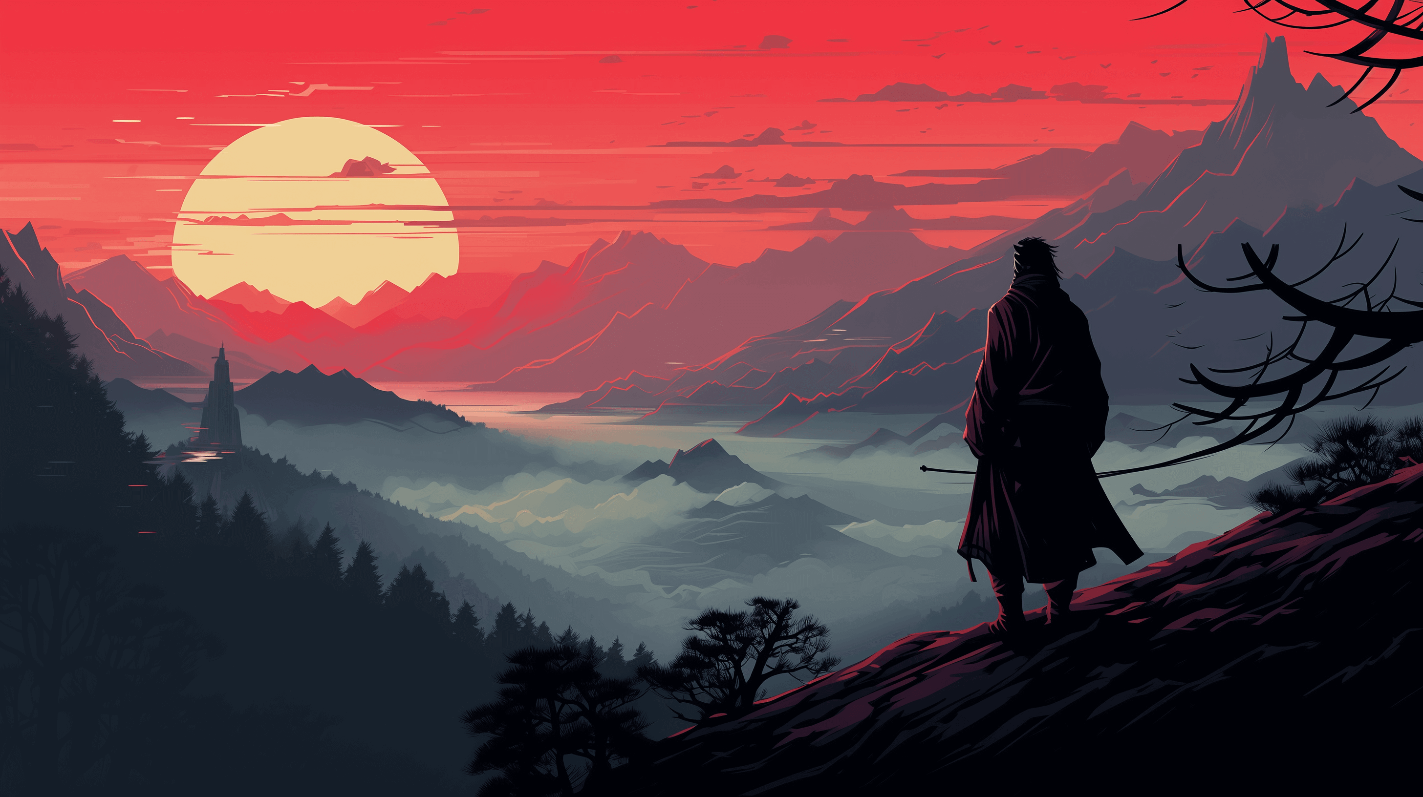 En illustration av en Semurai som tittar ut över berg och träd, topparna och dalarna påminner om statistik som används för SEO-arbete så som Google Analytics och Google Search Console.