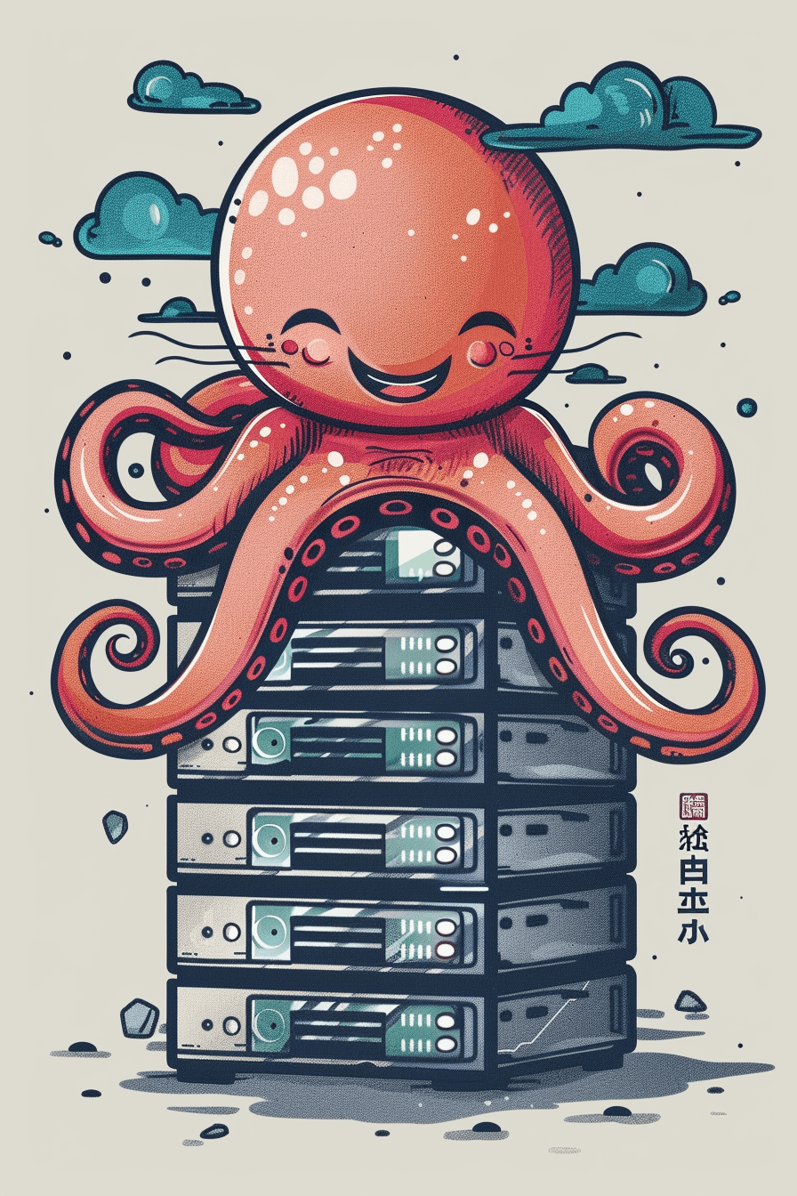 En illustration av bläckfisken Octi som sitter ovanpå servrar som han har optimerat för bättre SEO