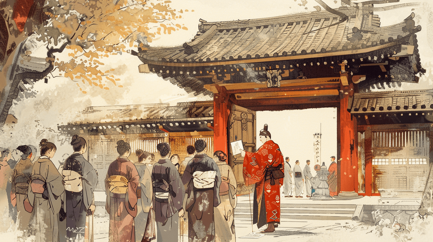 En Semurai står framför en port in till ett tempel och tar emot samtycke för avancerad spårning i marknadsföringssyfte från folket, en symbolik för Cookie Banners och Consent & Compliance management.